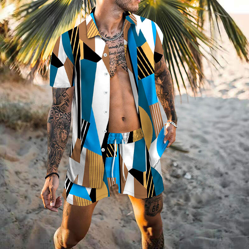 Camisa de flores informal de verano para hombre, camiseta de playa de dos piezas con estampado de manga corta, traje de camisa hawaiana de moda, Camisa + Pantalones cortos
