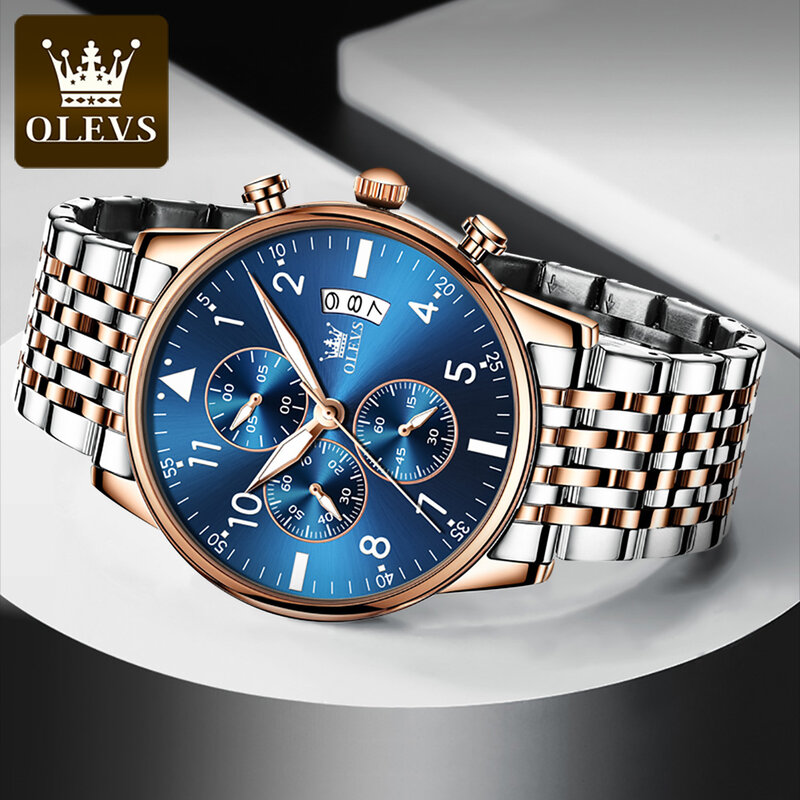 OLEVS-Reloj de pulsera multifuncional de acero inoxidable para hombre, accesorio de pulsera de cuarzo resistente al agua con correa de acero inoxidable, luminoso, a la moda