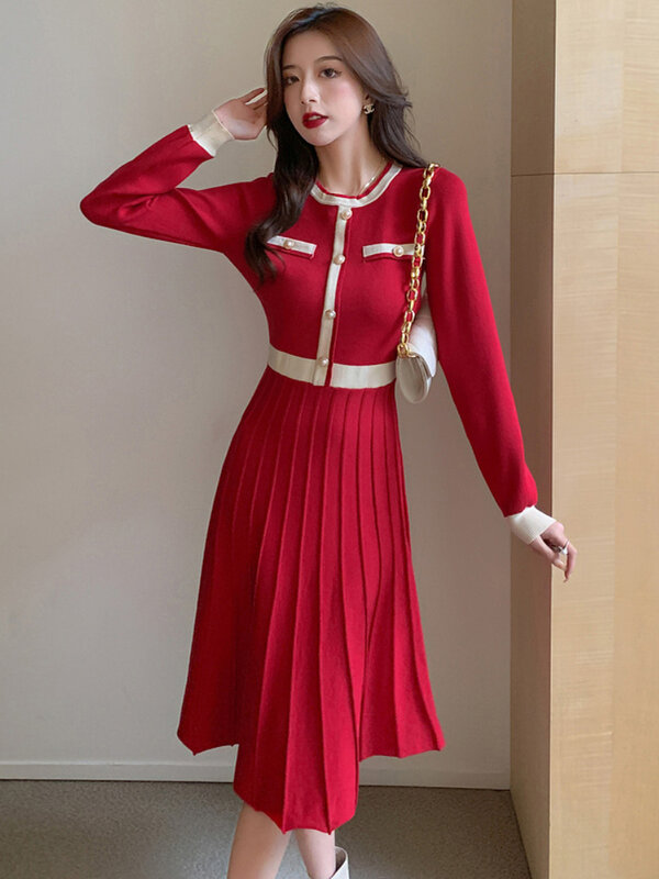 Yujie-Vestido largo plisado a juego, falda larga y ligera, de punto, Familiar, a juego, gran Swing, otoño e invierno, 2022
