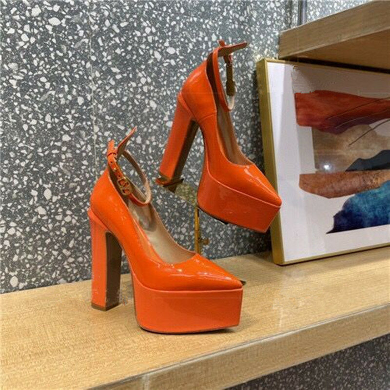 Autumn New Ladies Roman High Heels Pointed Toe Thick Sole Thick Heels Metal Decoration One Word Buckle Shoes Orange 34-42 Yards