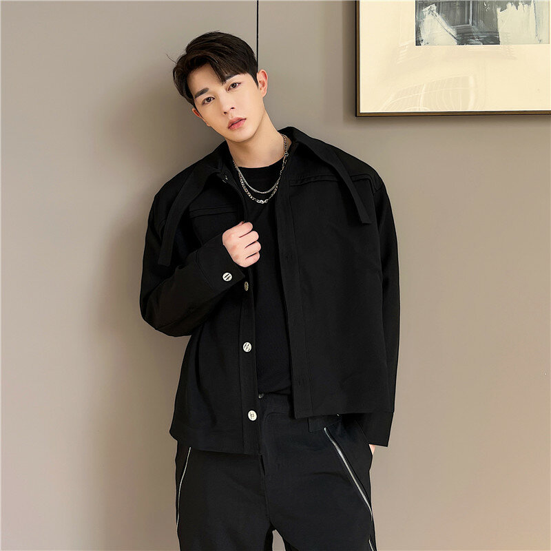 Kurze Jacke für Männer Retro Geformt Schmücken Kragen Designer Casual Mäntel Nische Blau Koreanische Stil Herbst Dünne Jugend Mann Kleidung