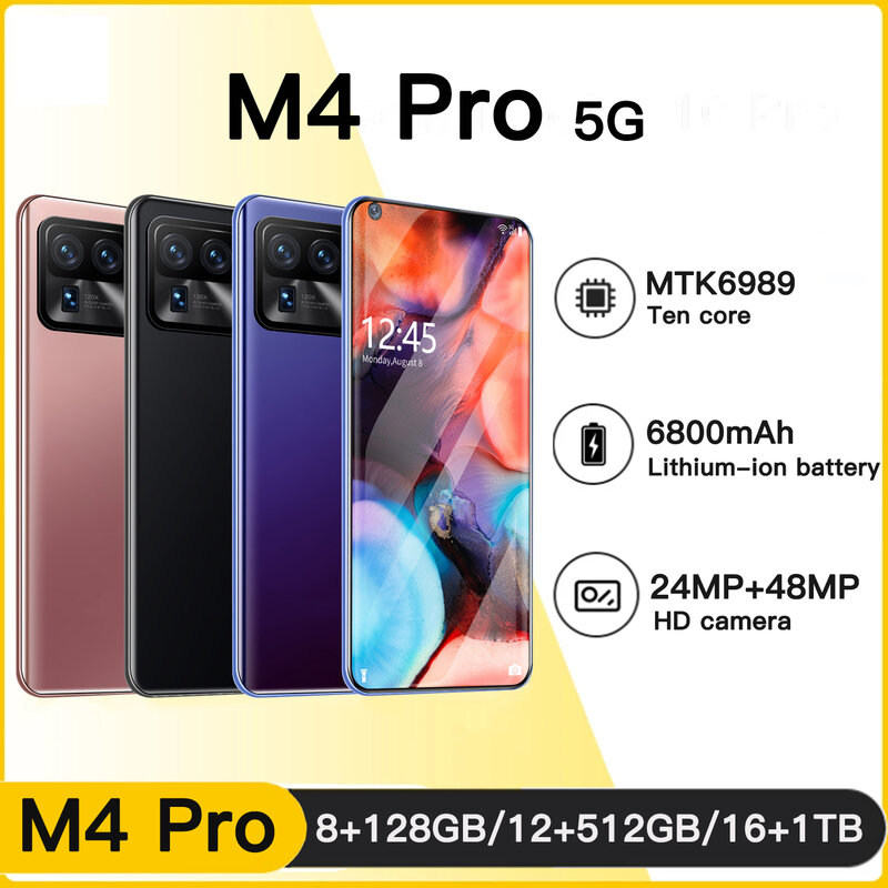 Versione globale M4 Pro 5G Smartphone 16GB + 1TB telefono Android 6800mAh 24MP + 48MP HD fotocamera telefoni cellulari cellulare Celular da 7.3 pollici