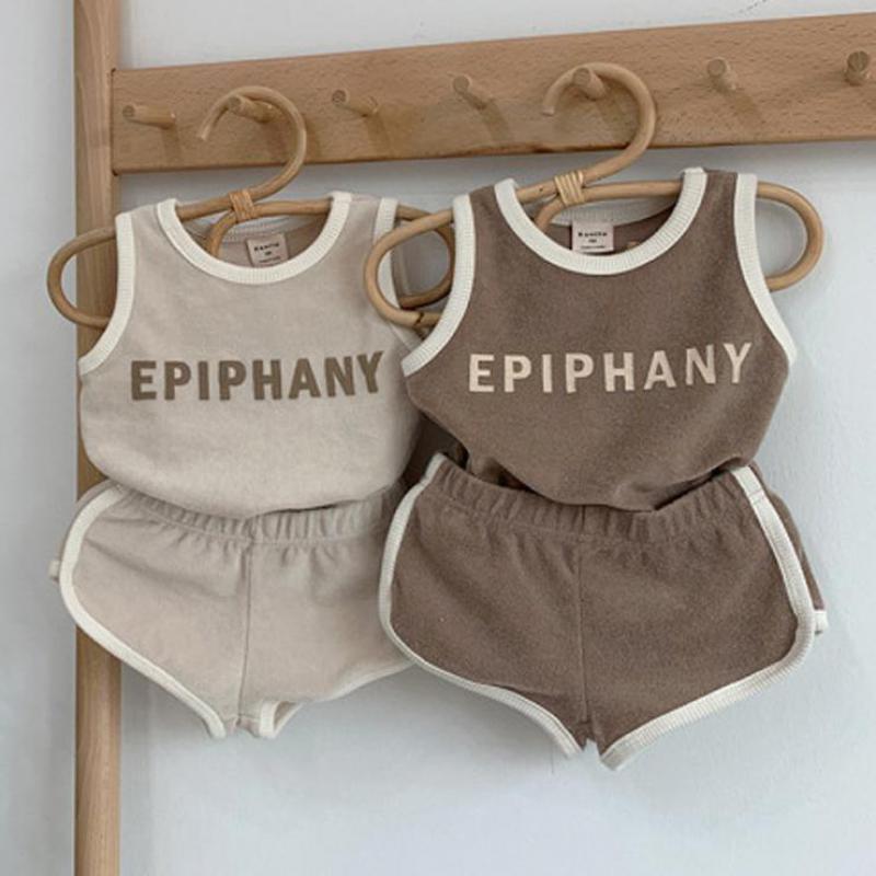 Ensemble de vêtements d'été sans manches pour bébé fille et garçon, t-shirt + short, 2 pièces en coton, avec lettres imprimées