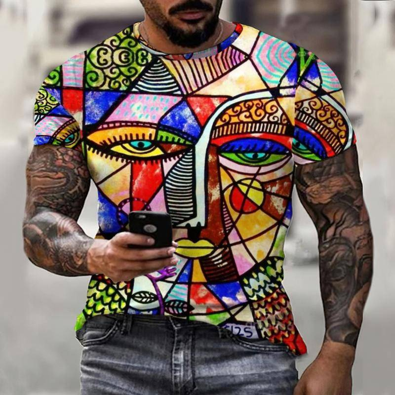 3d verão novo graffiti masculino camiseta tridimensional casual topo 0 pescoço impressão abstracto moda rua manga curta