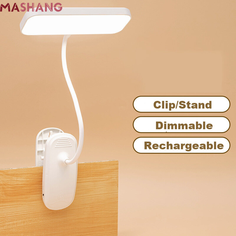 Flexível LED Reading Table Lamp com Clip, recarregável de cabeceira Night Light, Stepless Escurecimento Desk Lamp, Estudo e Trabalho de Escritório, 360 °