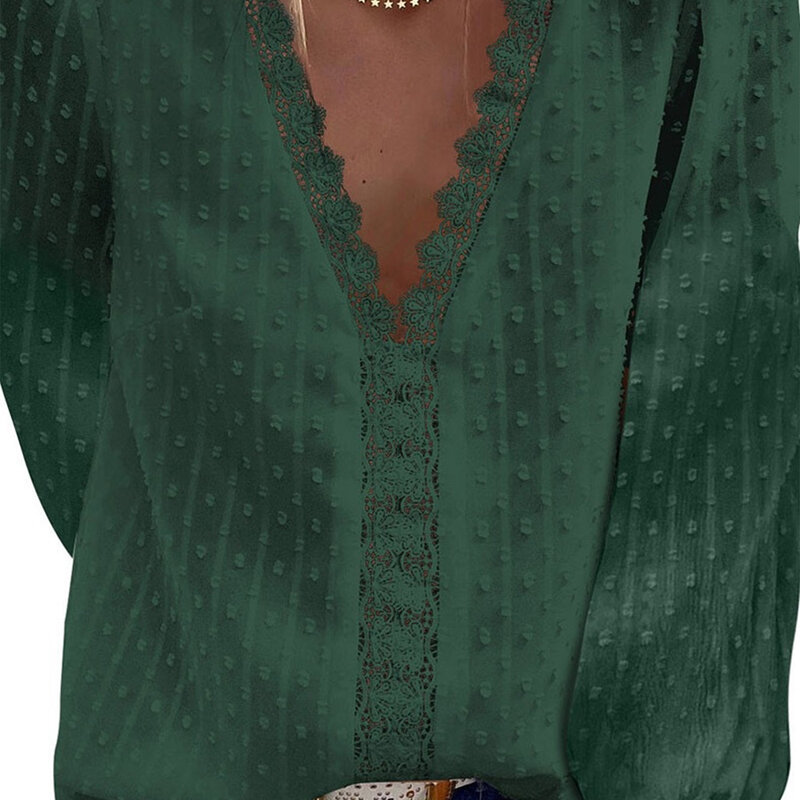 Camisa feminina de manga comprida com gola v, camisa casual com borda de renda, blusa bolha, primavera e outono
