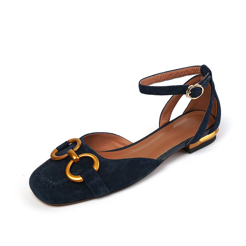 2022 novo verão sandálias femininas 22-25cm camurça de ovelha superior de couro quadrado cabeça de metal anel plana sandálias sandálias