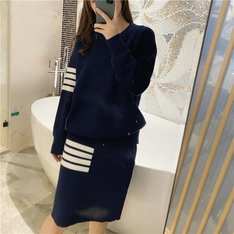 TB college style wool four-bar suit female waffle round neck knitted sweater casual top skirt tide brand