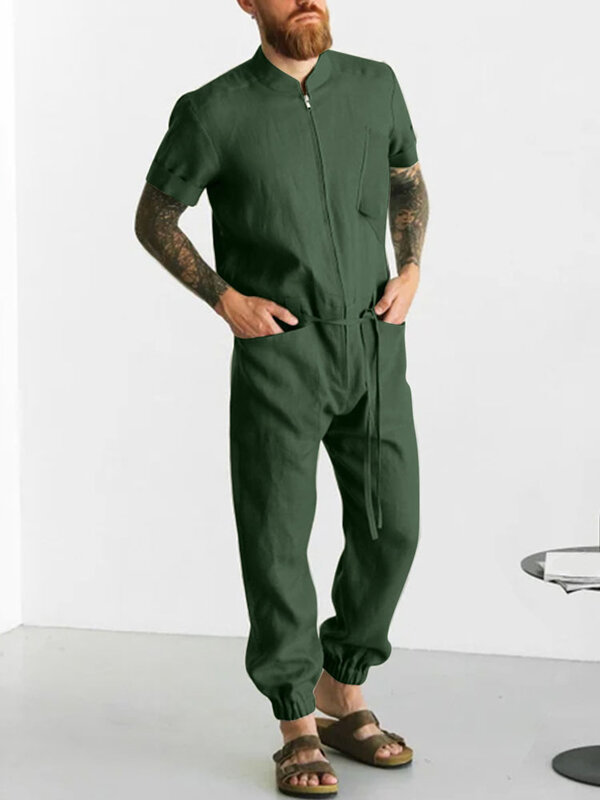 2022 Zomer Lange Mouwen Stand Kraag Rits Romper Voor Mannen Toevallige Eenvoudige Lange Broek Homesuit Mode Heren Solid Lace-up Jumpsuit