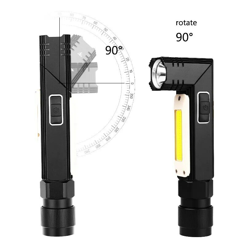 Senter Taktis Isi Ulang USB Magnet 90 Derajat Klip Putar Lampu Depan Tahan Air COB Lampu Kerja Senter Genggam dengan Tali