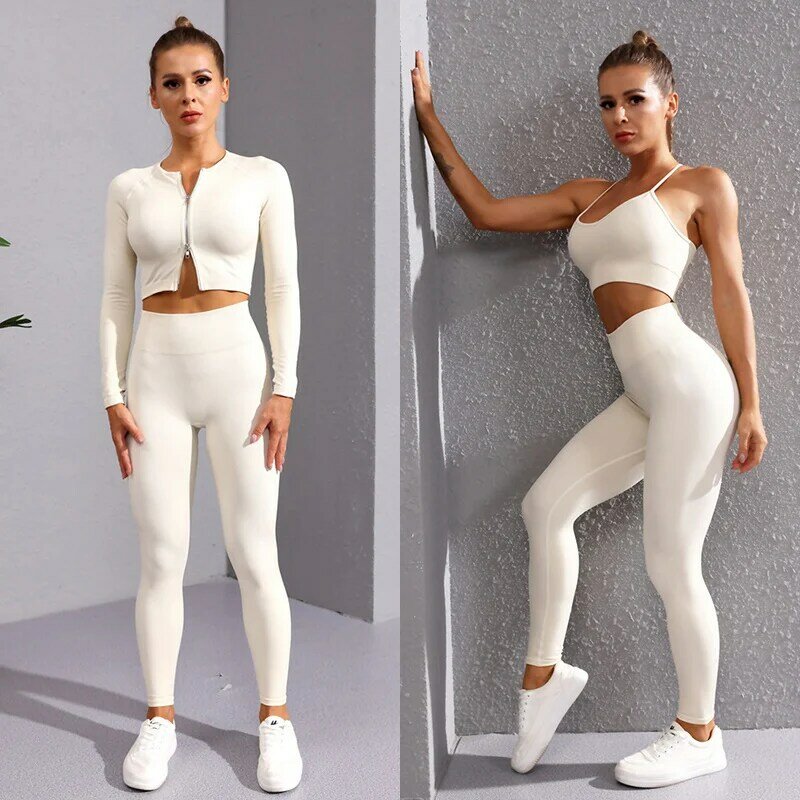 Gym woman Tracksuit Yoga Seamless Set Sport Leggings Fitness Suit Shorts Zipper Top Breathable Bra Workout Running Sportswear