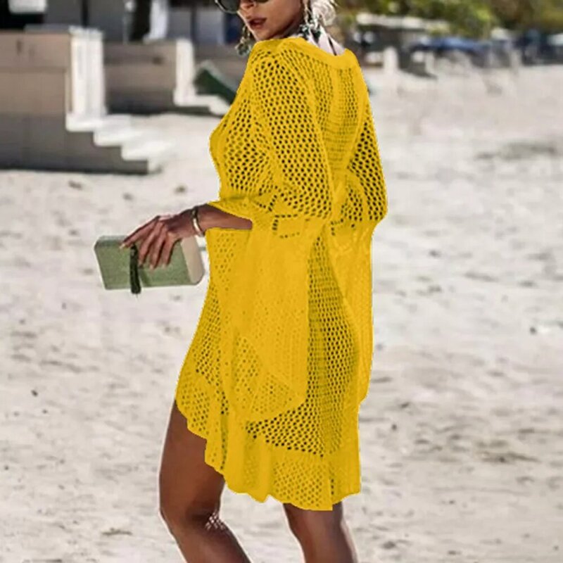 크로셰 뜨개질 니트 태슬 타이 비치웨어 튜닉 롱 파 레오 여름 수영복 커버 업 섹시한 시스루 비치 드레스, 2021