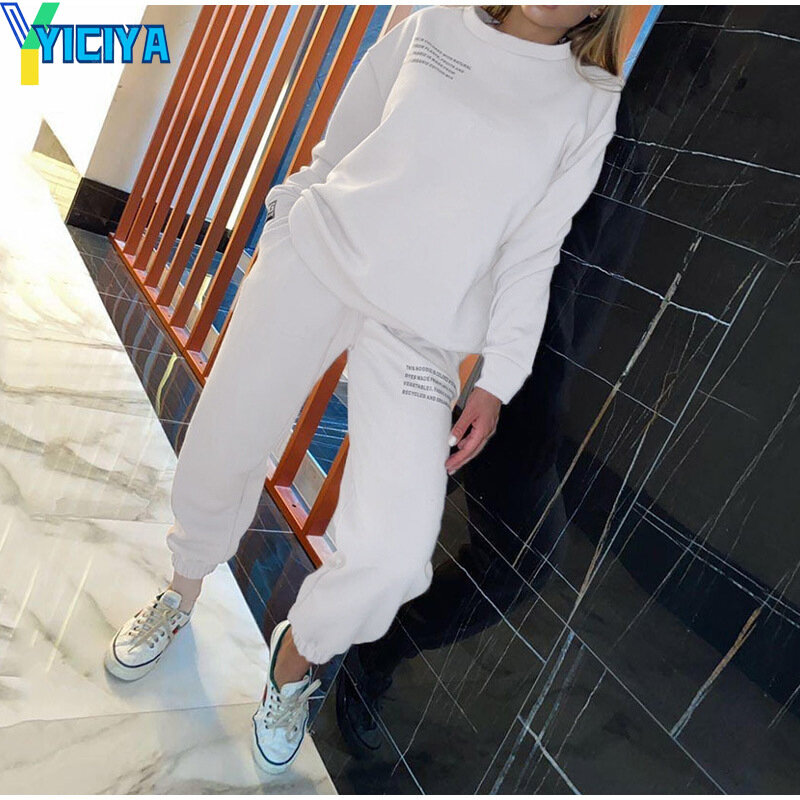 YICIYA Moda Treino 2 Peça Set primavera Pullover Top + Calças Compridas Terno Esportes Feminino Camisola Sportswear Suit Para A Mulher