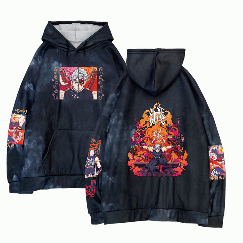 Sudadera con capucha de Anime Tie-Dye para hombre, jersey de Demon Slayer Inosuke, Tops de manga larga, Sudadera con capucha