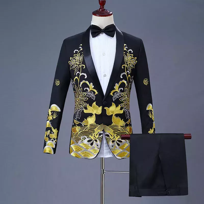 Men Suit Party Chinese Style Suits Groom Suit Costumes Single Breasted Two Piece Set Coat Pant Blue Red Black White Men Suits