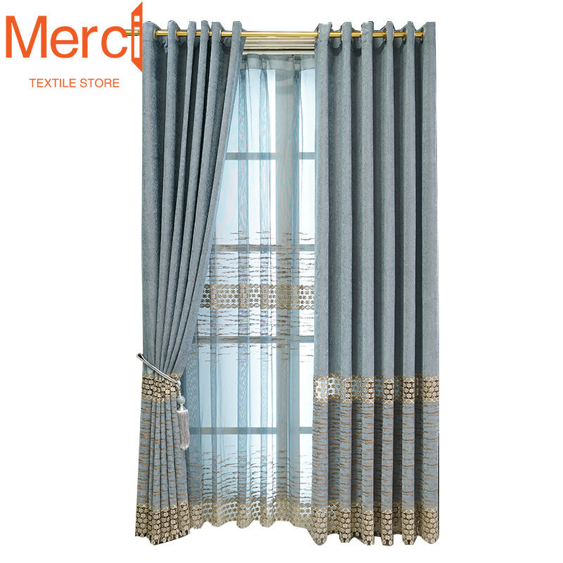 European Style Curtains for Living Dining Room Bedroom Chenille Embroidered White Tulle Hollow Custom Window Curtain Drape
