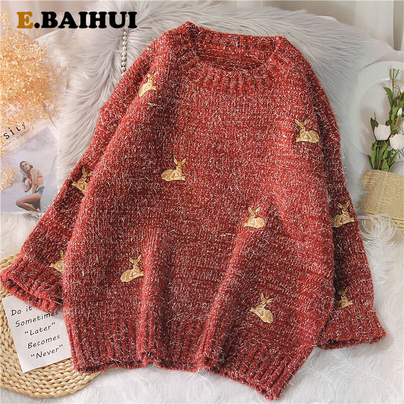 Женский свитер EBAIHUI 2022 Kawaii Ulzzang, винтажный свитер с вышивкой оленя для колледжа, женские корейские толстые свободные Рождественские свитера