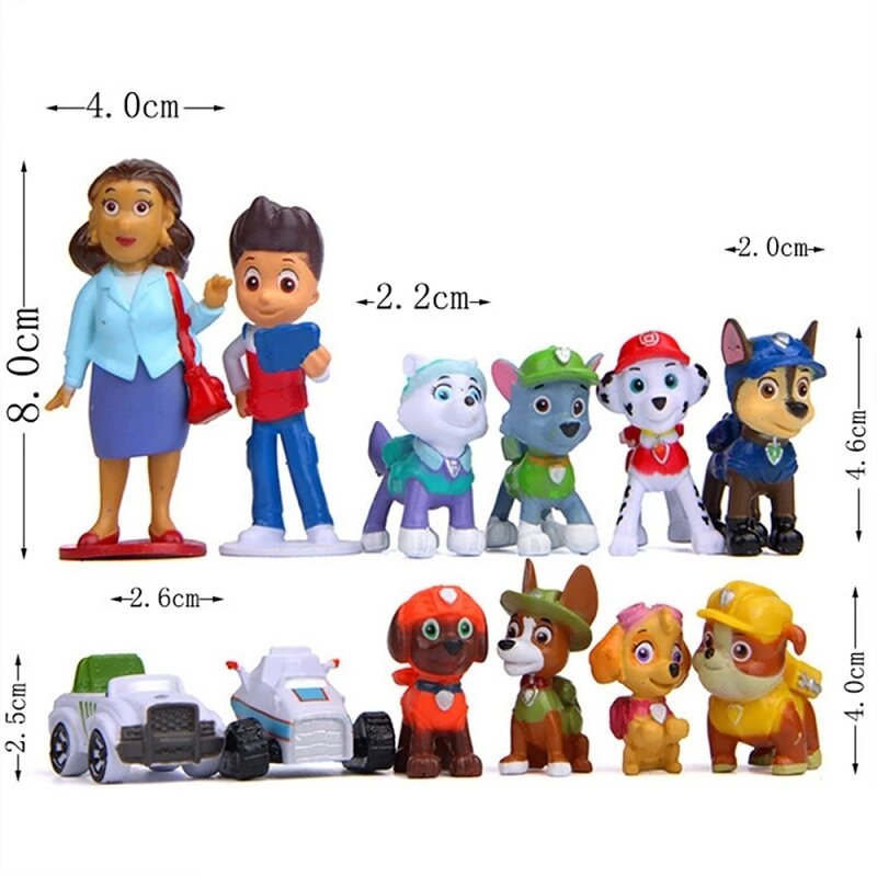 12 pces pata patrulha patrulla canina 4-10cm anime figura figuras de ação filhote de cachorro patrulha carro brinquedo patrulhando brinquedos caninos para crianças brinquedo