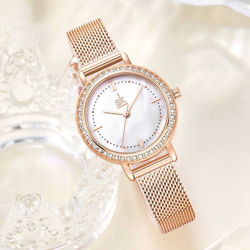 Zegarek damski ze stopu okrągła tarcza lekka luksusowa moda elegancki temperament pasek z siatki damski zegarek