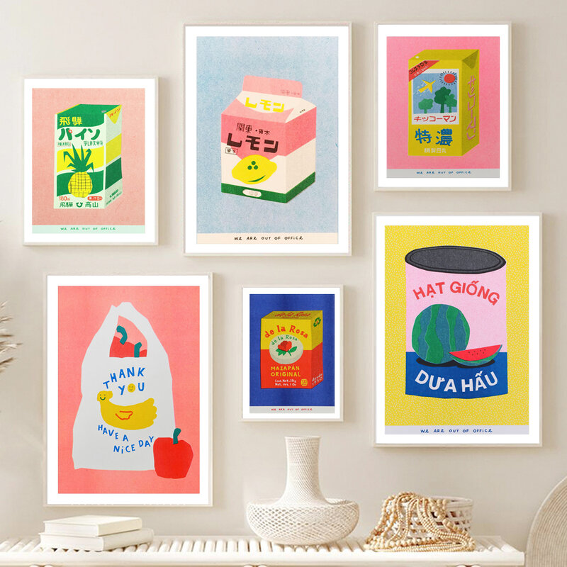 Peinture artistique murale japonaise, ananas, jus de café, pastèque, couleur en boîte, affiche nordique, image imprimée emballée, décor de salon