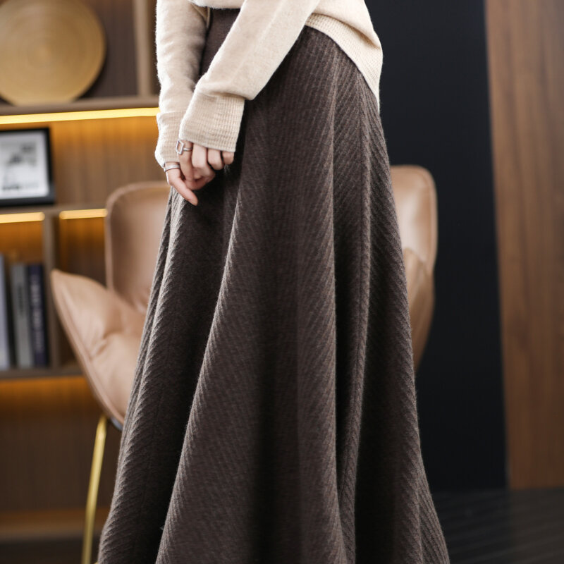 100% Saia De Lã Pura Outono E Inverno das Mulheres Novo Mid-Length Cintura Alta Saia Em Forma De Lã Coreano De Malha Guarda-chuva Saia