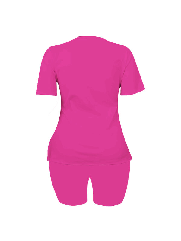 LW ชุดเสื้อผ้าพิมพ์ลายตัวอักษรสีชมพู,ขนาดใหญ่พิเศษเสื้อคอกลมแขนสั้นลำลอง + กางเกงรัดรูป