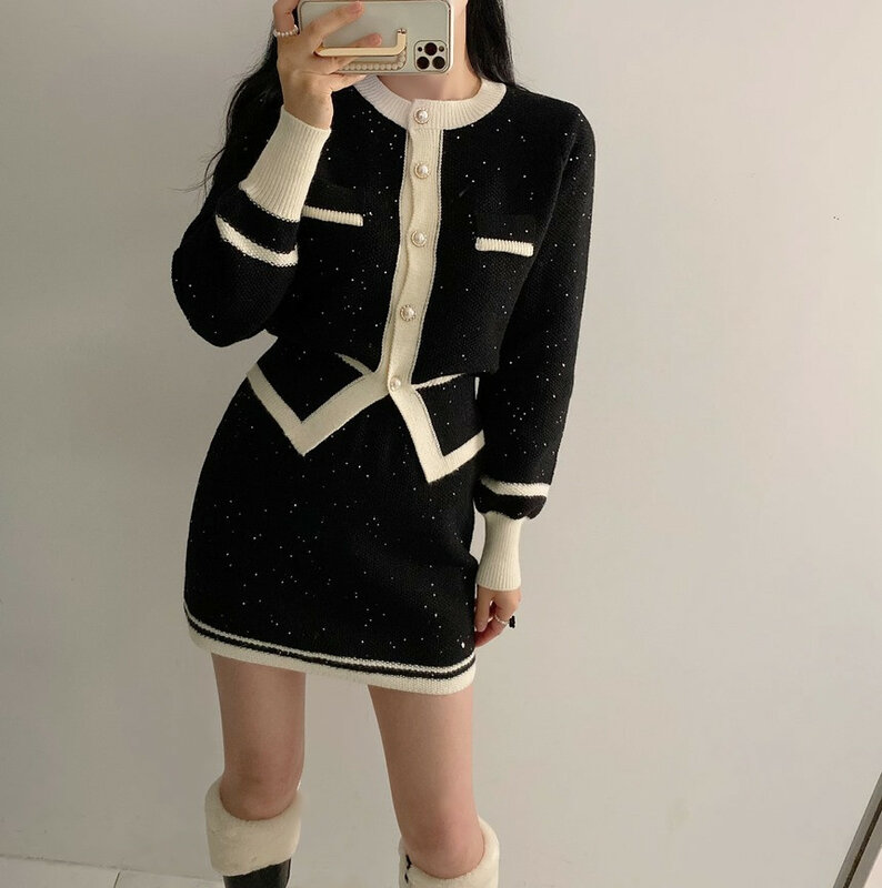 Vintage 2 Piece Sets Womens Outfits 2023 New Fashion Knitted Long Sleeve Button Up Cardigan Tops Casual Mini Skirt Sets
