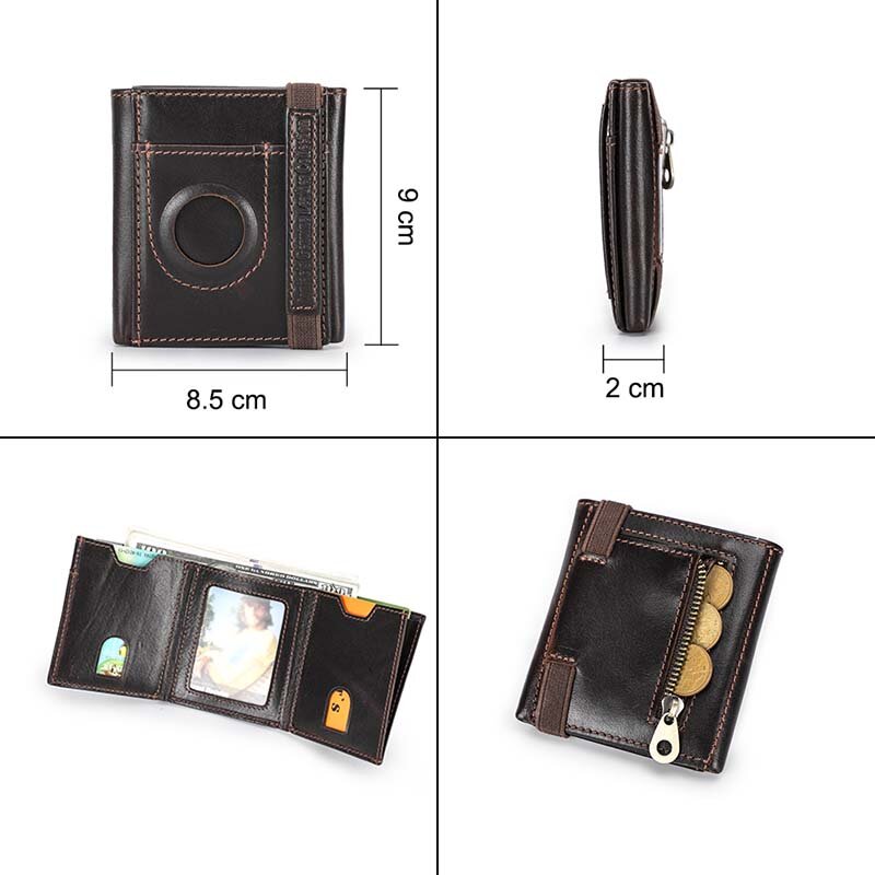 CONTACT'S Genuine Leather Men Wallet Slim Minimalist RFID Airtag Wallet Card Holder Trifold Purse Anti-lost Airtag Protect Case