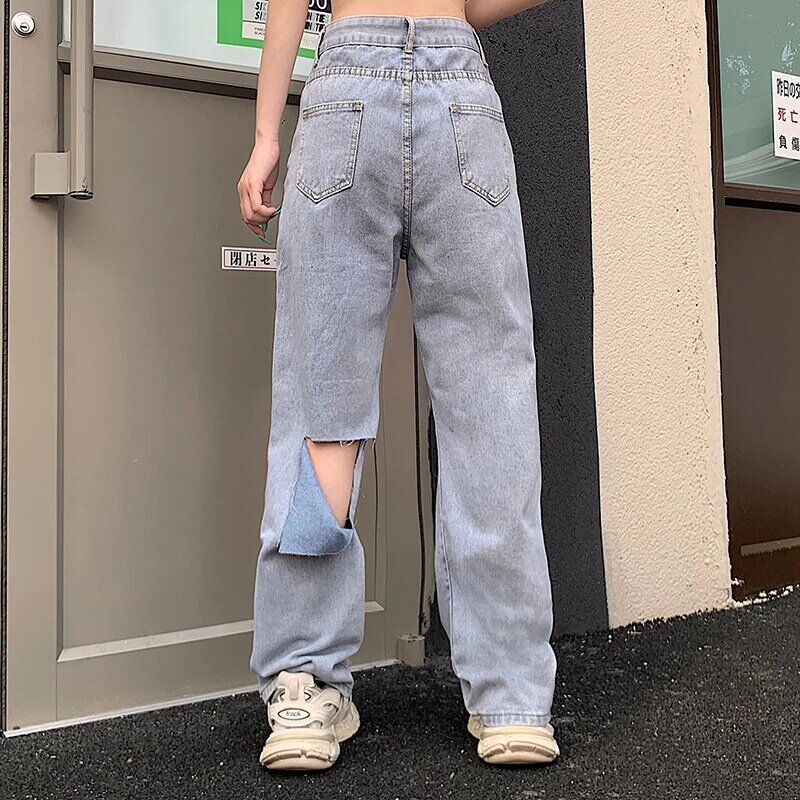 High Street Taille Verstelbare Jeans Harajuku Losse Wijde Pijpen Jeans 2022 Herfst Retro Gebroken Gat Casual Straight Losse Jeans
