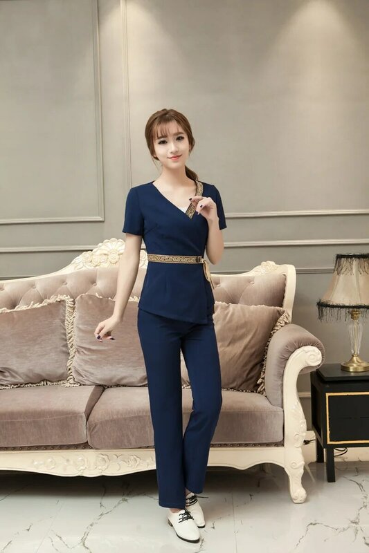 Thai Spa Clothing Plus Size Elegant Women Work Suit Hotel Beauty Salon Uniform Front Desk Top And Pants Sets Free Shipping