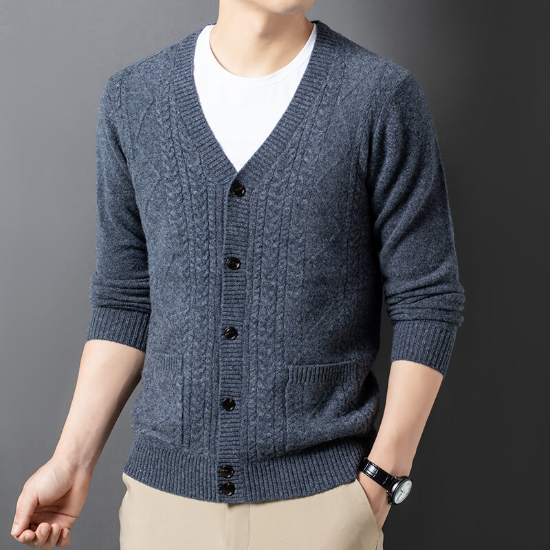 Autumn Winter New Thick Sweater Thick Needle Jacquard Pure Wool Cardigan Men's Knitwear Young and Middle-Aged Knitted Cardigan