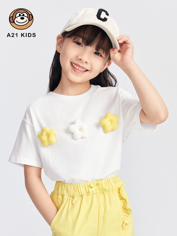 A21 Girls' Casual Knitted T-shirt 2022 Summer Fashion Loose Round Neck Drop Shoulder Breathable Cartoon Print Short-sleeved Top