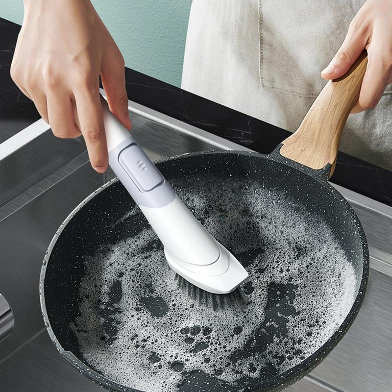 Sikat piring dengan Dispenser sabun, sikat pembersih mangkuk dapur penggosok pegangan panjang alat pembersih Dispenser dengan sikat cuci sabun cuci piring