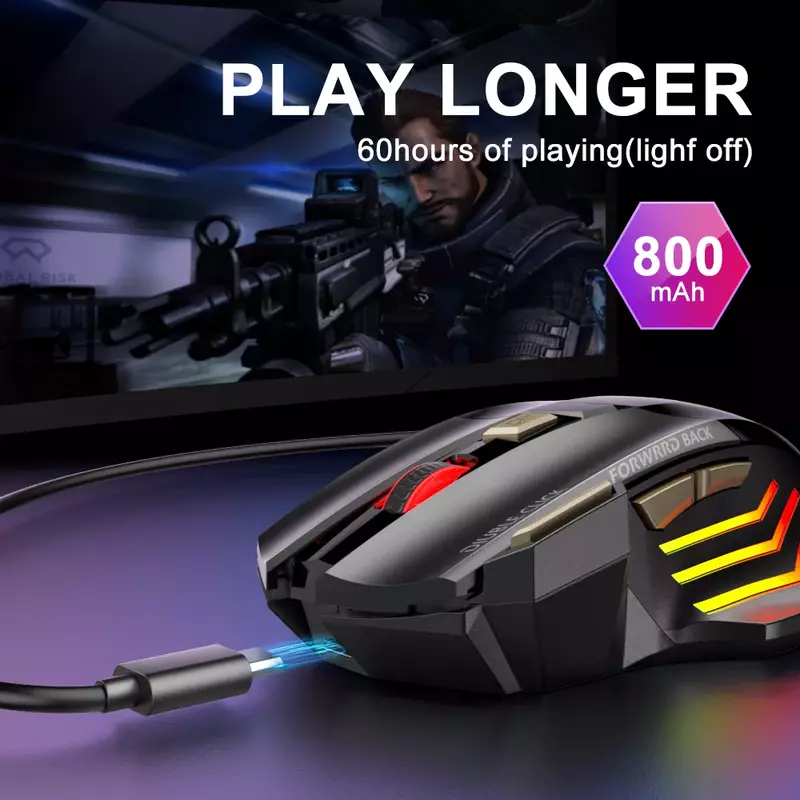 Ratón inalámbrico con Bluetooth para juegos, Mouse silencioso recargable con retroiluminación LED, ergonómico, RGB, para PC y portátil