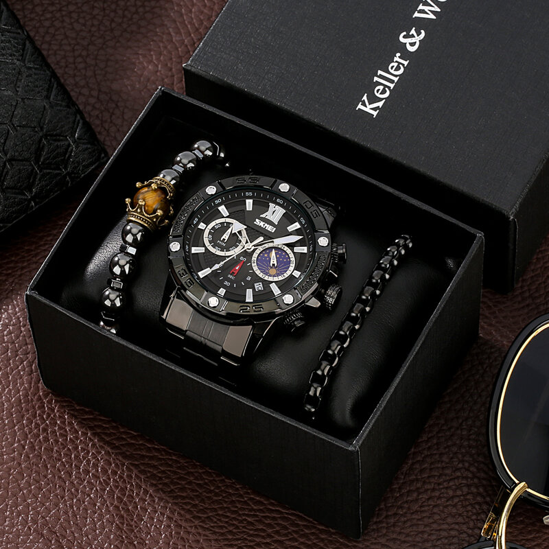 นาฬิกาผู้ชาย Chronograph นาฬิกาควอตซ์นาฬิกาแฟชั่น Luxury สร้อยข้อมือชุดของขวัญสำหรับชายสแตนเลสสตีลน...