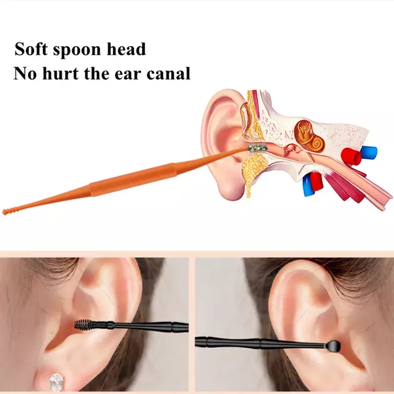 1Set Ear Wax Removal Tool Ear Cleaning Sticks Earpick Remover Silicone Ear Pick Double Head Ear Cleaner 360° Spiral Swab