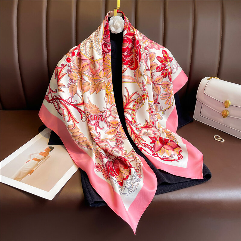 2022 New 90cm Twill Silk Square Scarf Women Headband Muslim Hijab Bandana Summer Shawl Bag Wraps Hair Scarves Echarpe Foulard