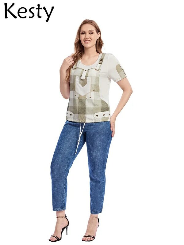 KESTY damskie T-Shirt Plus Size lato bawełniany T-Shirt z krótkim rękawem Slim Fit na co dzień modny Top