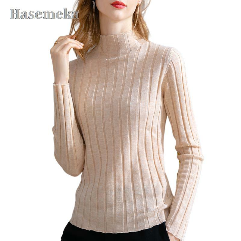 T-shirt à manches longues et col haut pour femme, simple, Slim, Super extensible, en laine fine, tricot