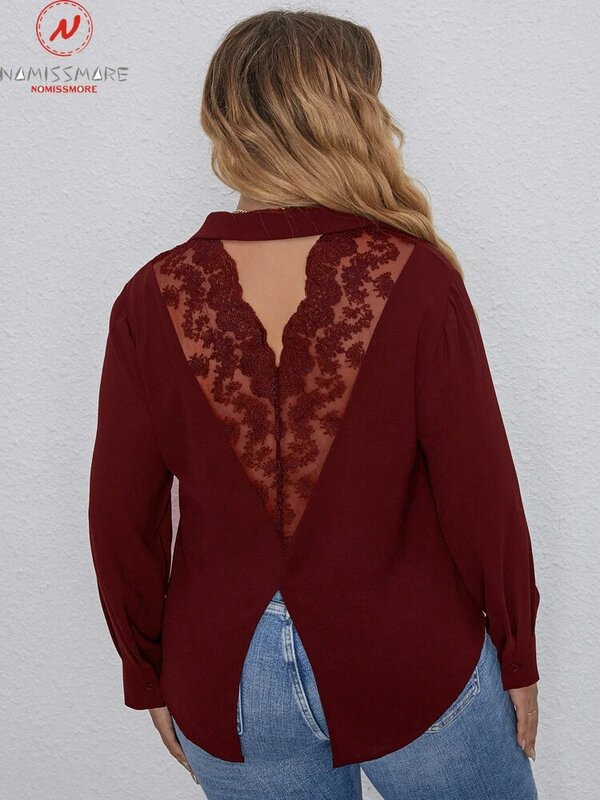 Plus Size Solid Color Shirts for Women Hollow Out Design Lace Button Decor V-Neck Long Sleeve Backless Casual Loose Cardigan Top
