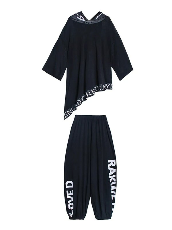Xitao conjunto feminino casual assimétrico, escrito, para mulheres, 2020, outono, moderno, novo estilo, com capuz, gola, calças lanterna, zyq4337