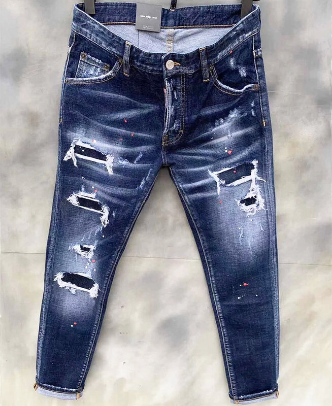 Jeans Skinny da uomo di marca di lusso fori blu chiaro Jeans lunghi qualità maschile Stretch Slim Denim pantaloni Jeans moda Jeans strappati da uomo