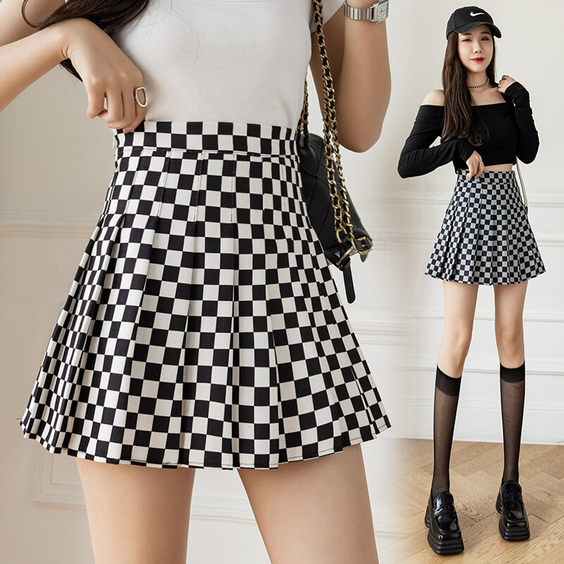 Wisher&Tong Vintage Mini Skirt Plaid Hight Waist Fashion Pleated Skirts For Women Korean Style Sweat A Line Skirt Summer 2022