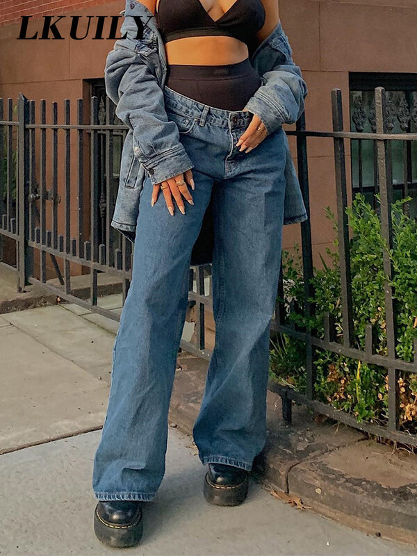 90S ต่ำเอวกางเกงยีนส์ผู้หญิงกางเกงยีนส์2022ใหม่แฟชั่นขาตรงขากางเกง Y2k Denim กางเกงหลวมสีน้ำเงินล้...