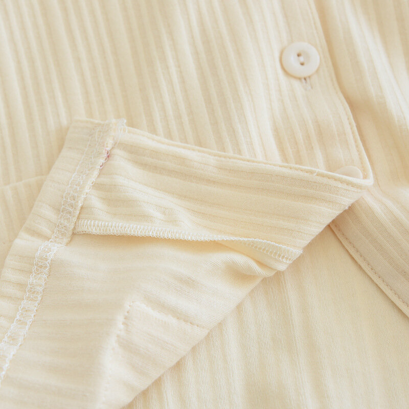 Mùa Xuân Mới Thu Nữ Bộ Đồ Ngủ Quần Dài Tay 2 Bộ 100% Cotton Dệt Kim Phối Sọc Thắt Nơ Dễ Thương homewear Phù Hợp Với Phụ Nữ