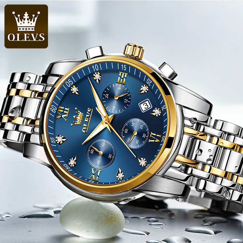 Olevs Multifunctionele Drie-Eye Grote Kwaliteit Business Mannen Horloge Roestvrij Staal Band Quartz Waterdicht Horloge Voor Mannen