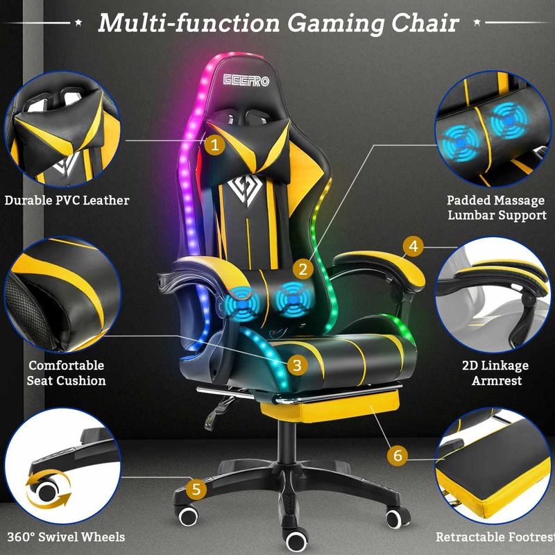 Silla giratoria ergonómica para juegos, sillón de oficina con luz RGB, Altavoz Bluetooth, reclinable, masaje de 2 puntos, 135 grados