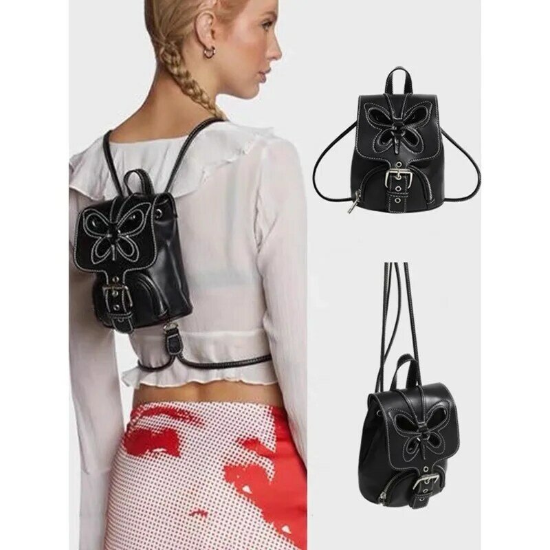 Mini mochila con diseño de mariposa para mujer, mochila ahuecada Vintage, Mini Bolso Negro Retro para mujer
