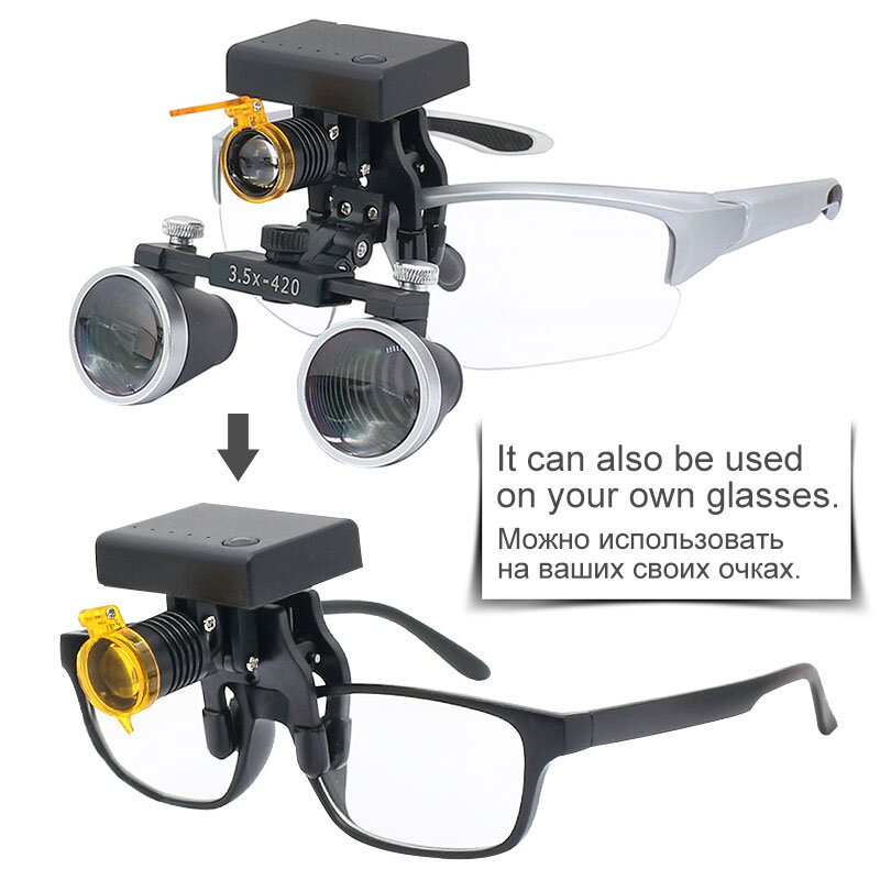 치과 루페 3.5X/2.5X 쌍안경 돋보기 3W LED 헤드 램프 안경 클립 노란색 필터 충전식 리튬 이온 배터리