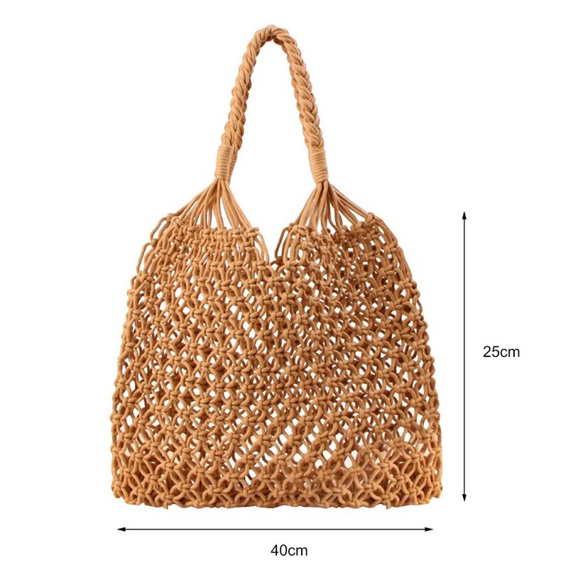 Beach Straw Shoulder Bag Women Fashion Woven Summer Vacation Shopper Bag Reusable Cotton Hollow Fishnet Picnic Totes Handbag